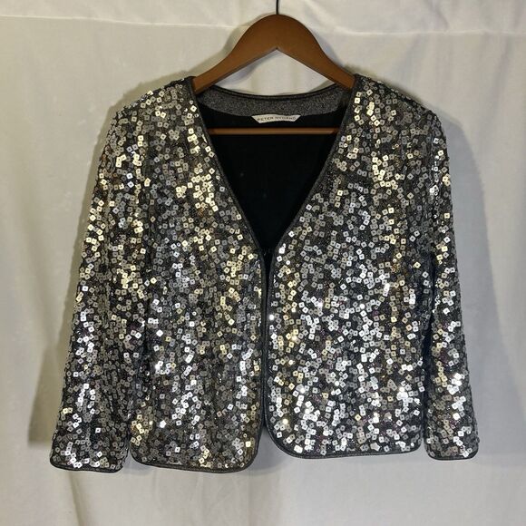 PETER NYGARD black silver sequins shimmer eye hook waist length jacket 42" bust - Picture 1 of 7